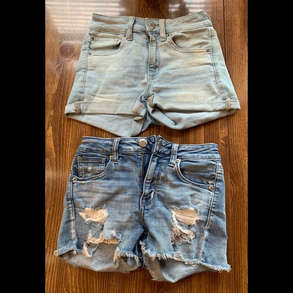 2 Pairs Of Blue Distressed American Eagle Jean Shorts, Sizes 0 & 2 - Picture 1 of 7